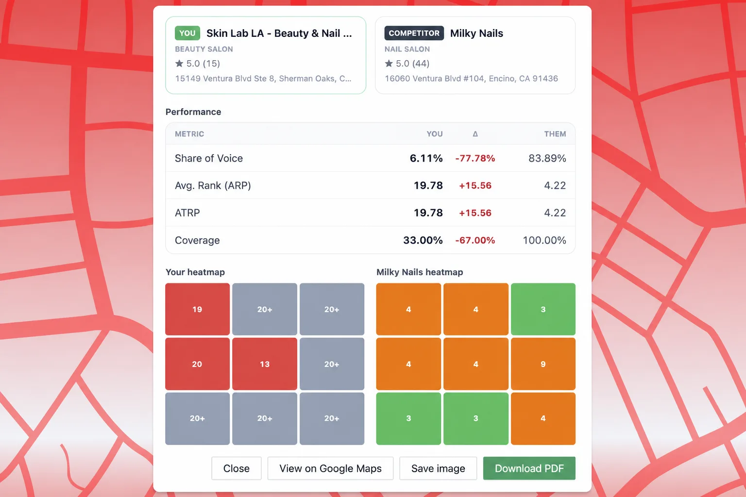 Illustration of local pack competitor comparison on a geo grid