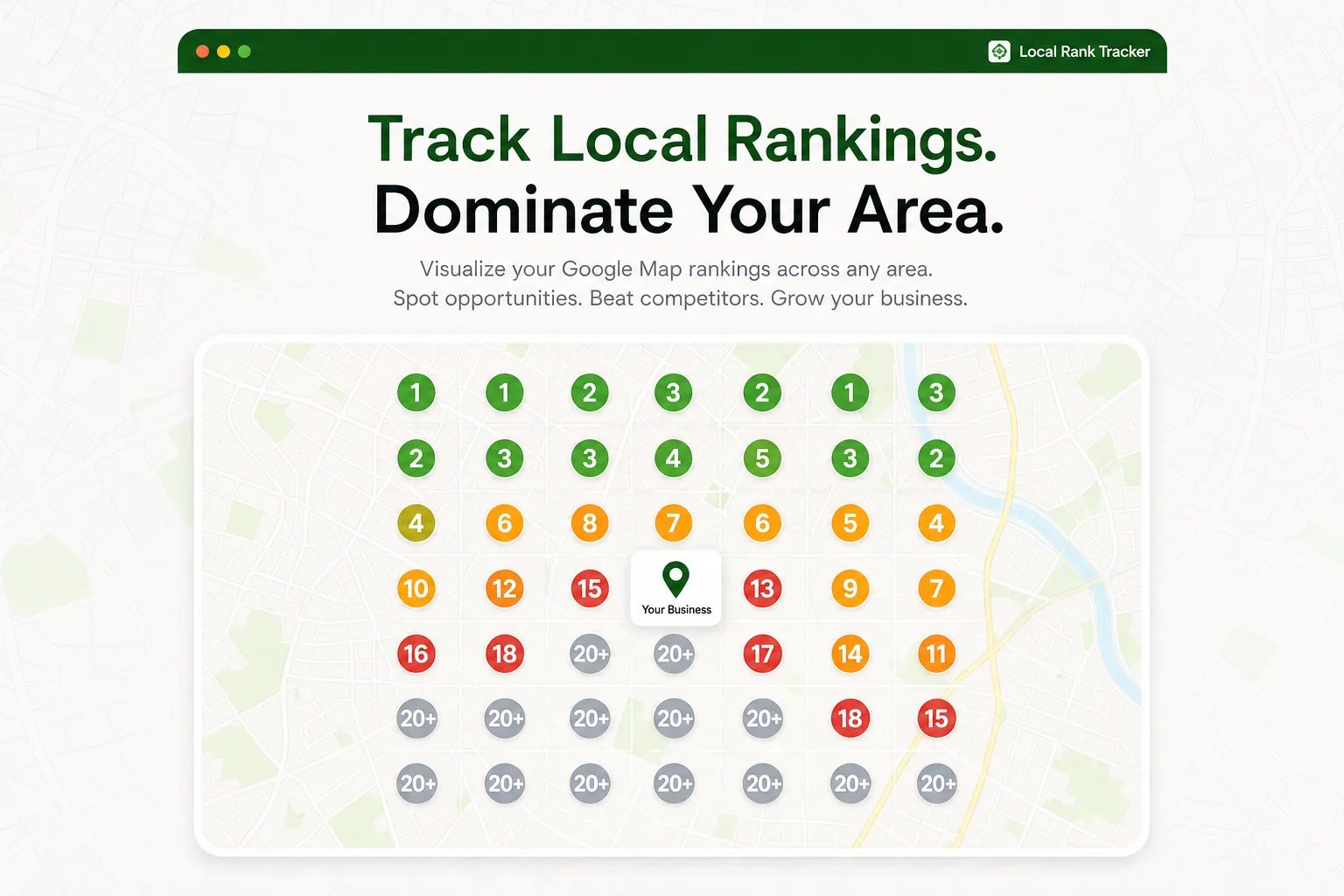 Local Rank Tracker geo-grid heatmap on Google Maps