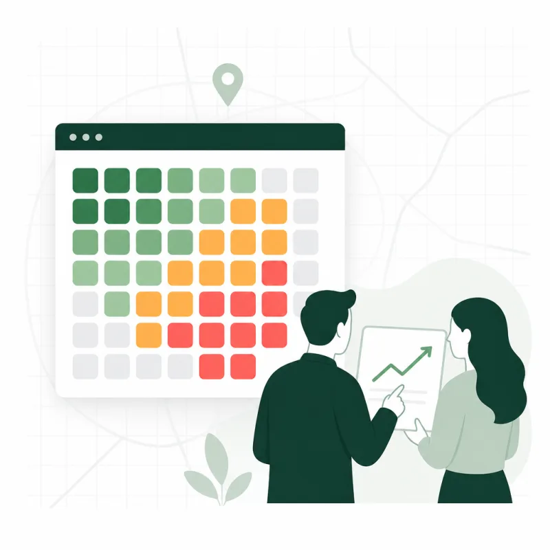 Agency team reviewing a geo-grid heatmap client report
