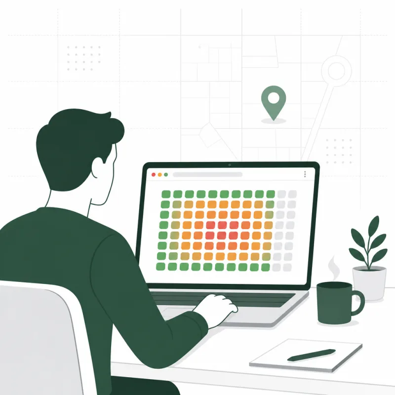 Freelancer reviewing a local pack geo-grid heatmap on a laptop