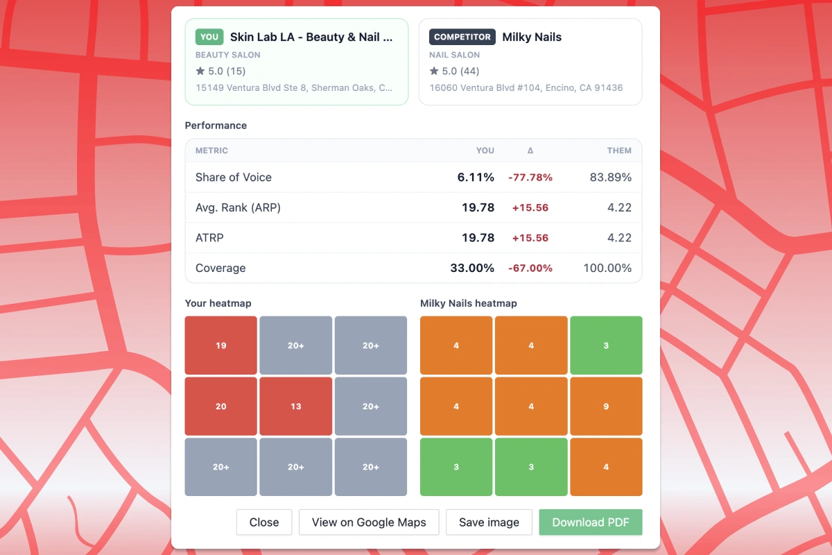 Competitor table with Share of Voice and Maps links
