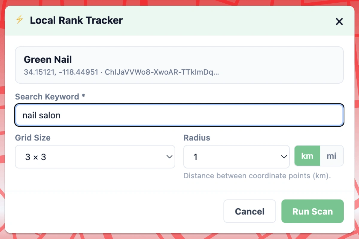 Local Rank Tracker scan panel on Google Maps