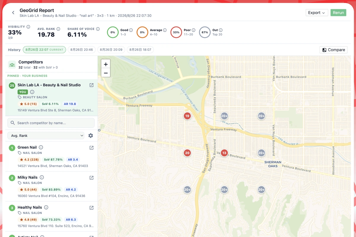 Geo-grid local rank heatmap with Good Average Poor Out buckets